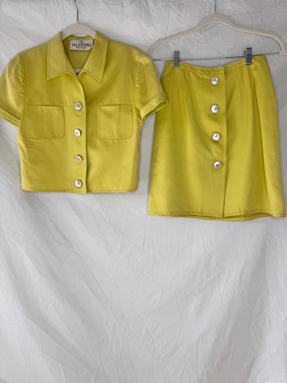 Valentino Boutique Vintage Yellow Green Button-Front Crop Top and Skirt Set